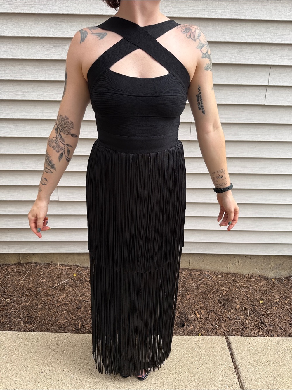 Herve Leger Black Fringe Cross-Front Bandage Maxi Dress